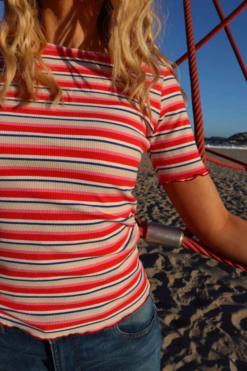 Natalia Ss Blouse | Creme Orange Blue Stripe | Bluse fra Liberté