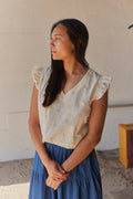 Golden Flowers Frill Top | Beige