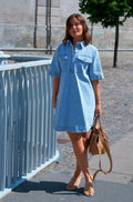 Saras Denim Emb Dress | Light Blue