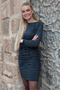 Alma Ls Turn Dress | Dark Grey Black Stripe