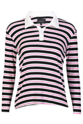 Natalia Ls Polo Blouse | Black Bubblegum White Stripe