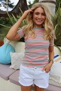 Natalia Ss Blouse | Multi Orange Pink Stripe